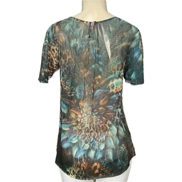 Mushka By Sienna Rose Sheer Floral Animal Print Split Lace Neck Short Sleeve Top - Picture 4 of 6